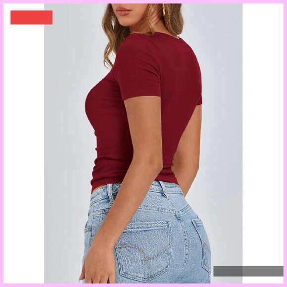 Ribbed Henley Button Short Sleeve Slim Fit Casual Tee Blouse - Picture 2 of 4